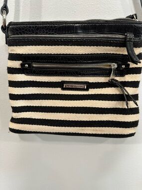 Dana Buchman Black and Cream Striped Crossbody with Front Zip Pocket